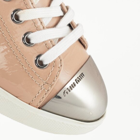Miu Miu Nude Patent-Leather Cap-Toe Lace-Up Sneakers - Picture 7 of 12